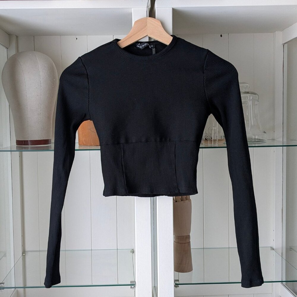Naked Wardrobe Black Ribbed Crew Neck Ribbed Top Size M